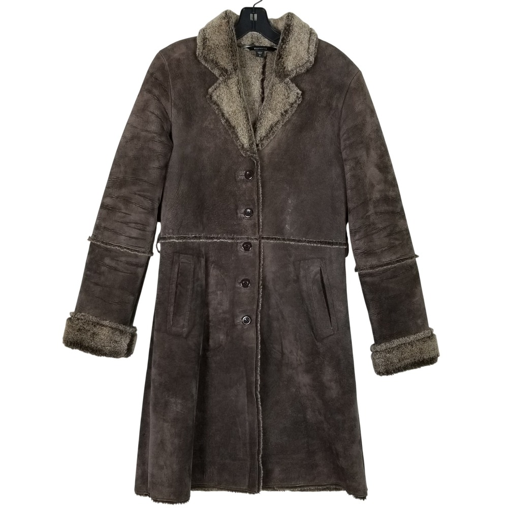 Express Coat Y2K Women S Brown Leather Faux Fur Shearling Longline Trench Jacket